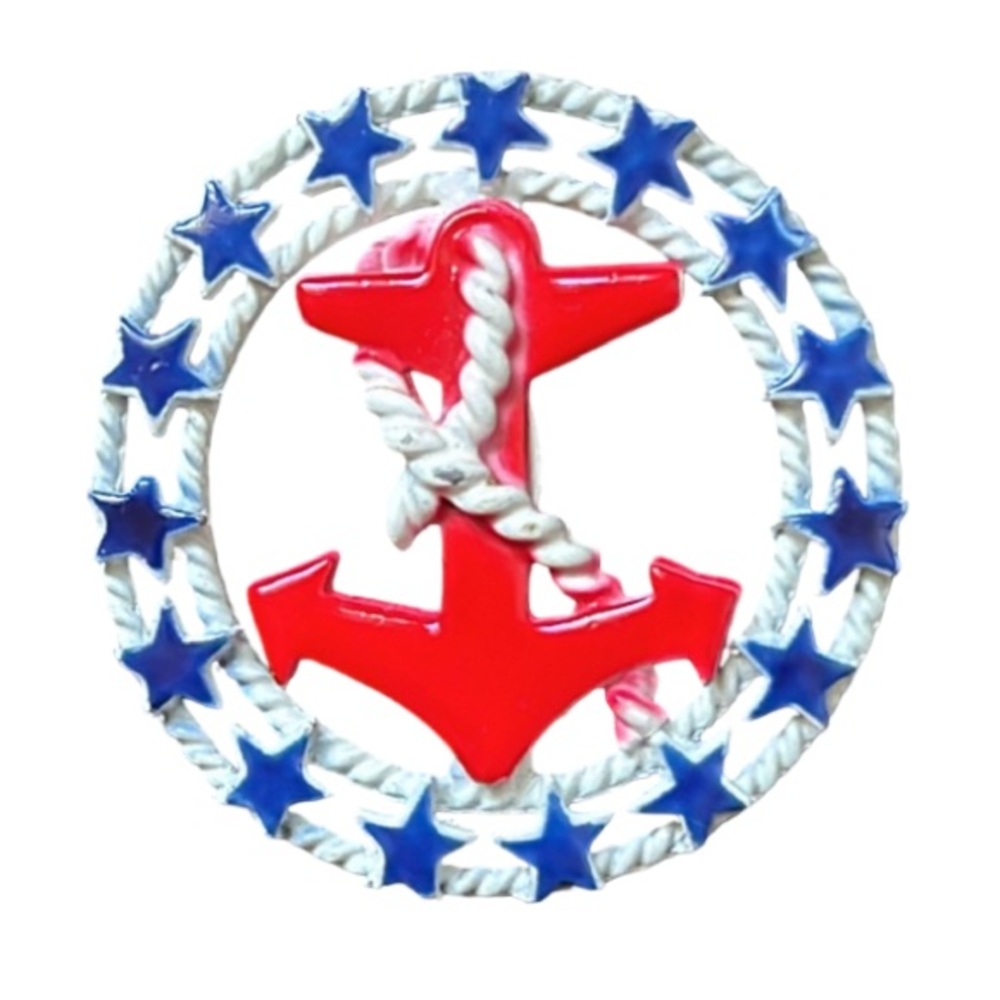 Vintage R.N.K White Red & Blue Enamel Nautical Sea Anchor Stars Round Brooch